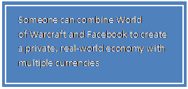 Text Box: Someone can combine World of Warcraft and Facebook to create a private, real-world economy with multiple currencies